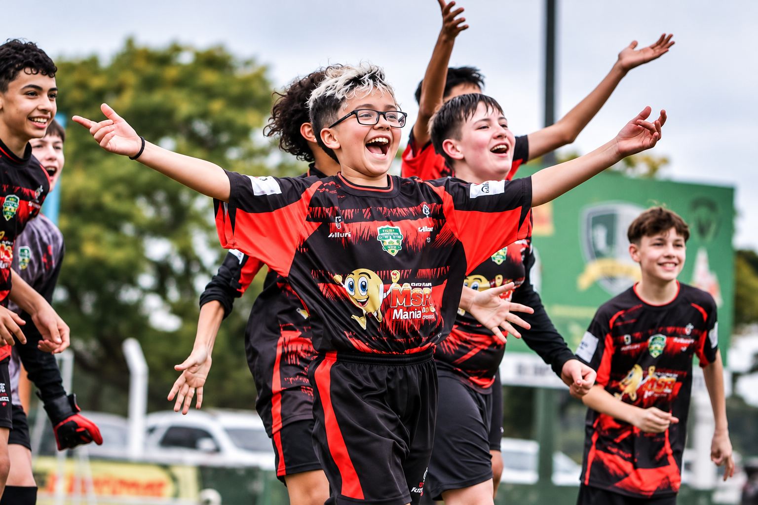 Alunos do Trieste comemorando um gol com os braços abertos